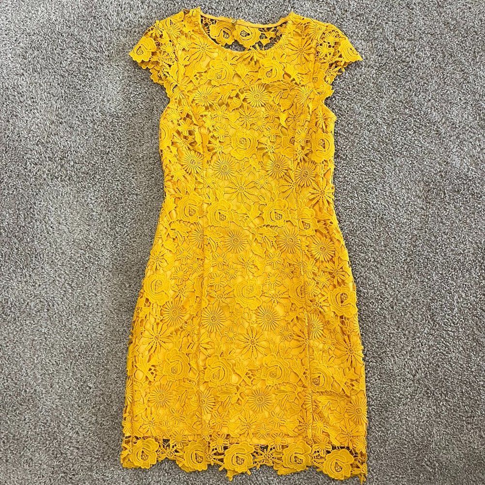 Lulu's Romance Language Yellow Backless Lace Dress